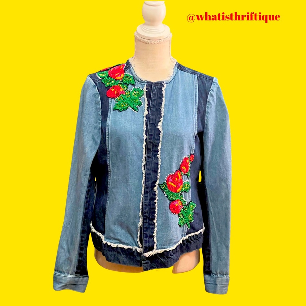 Relativity Beaded Denim Jacket S Small Two Tone Denim Boho Open Front
